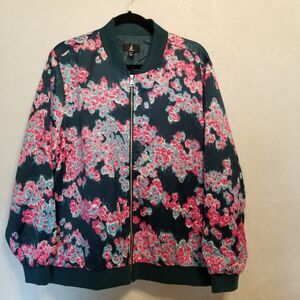 J Jason Wu XL Bomber Jacket Teal Pink Floral Print Satin Preppy Feminine Boho